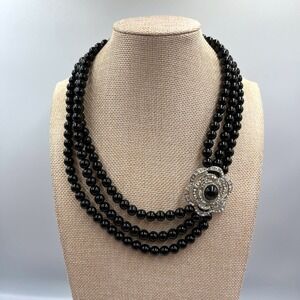 VTG Triple Strand Black Faux Pearl Necklace Silver Tone Rhinestone Flower Slide